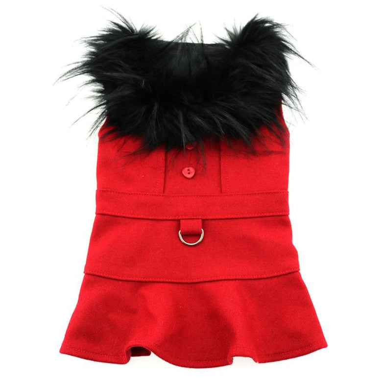 Doggie Design, Inc. Jackets-Coats XS Wool Blend Red Faux Fur Collar Classic Dog Harness Coat with matching Leash