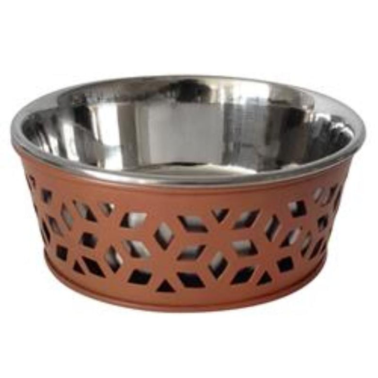 JoJo Modern Pets Bowls Apricot Brandy Farmhouse Metal Punchout Stainless Steel Dog Bowl - 16oz.