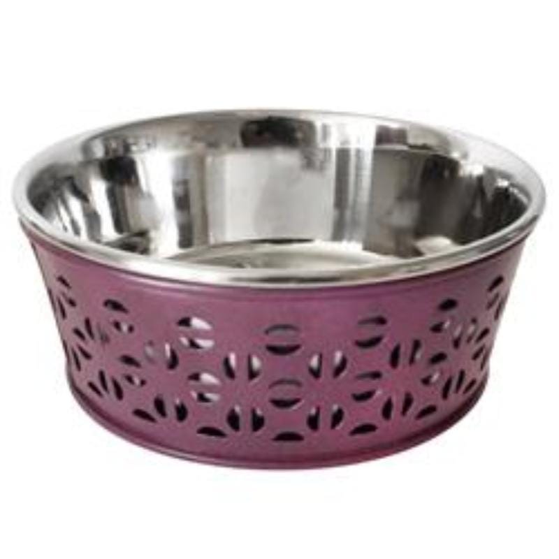 JoJo Modern Pets Bowls Plum Wine Farmhouse Metal Punchout Stainless Steel Dog Bowl - 16oz.
