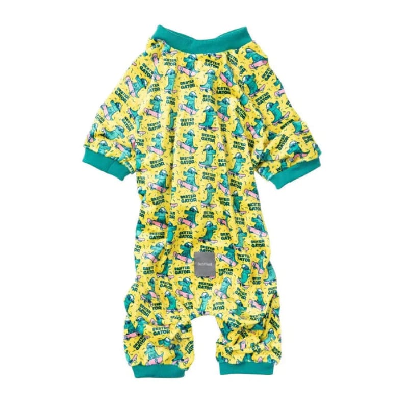 FuzzYard Dog Apparel Sz 4 Sk8ter Gator Plush Green & Yellow Dog Pajamas