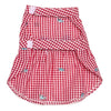 The Worthy Dog DRESSES Gingham Red & White Check with Teal Blue Bow Embroidered Sharks Chomp Dog Dress