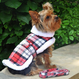 Sherpa Lined Stylish Red & White Plaid with Matching Leash Dog Harness Coat
