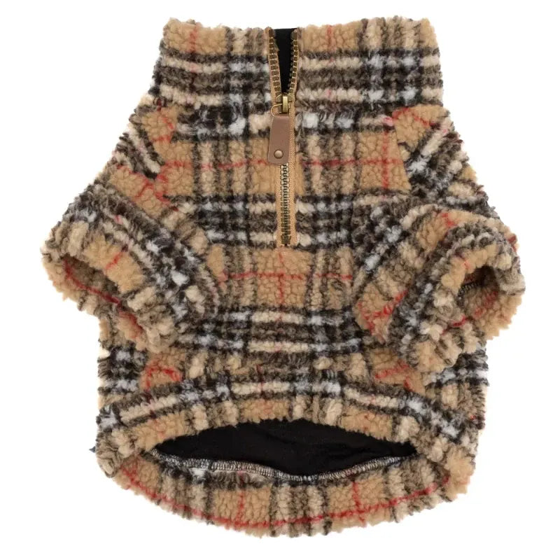The Worthy Dog SWEATERS Tan Plaid Quarter Zip Sherpa Fleece Dog Pullover