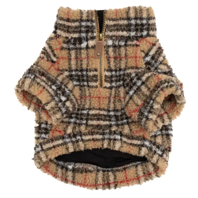 The Worthy Dog SWEATERS Tan Plaid Quarter Zip Sherpa Fleece Dog Pullover