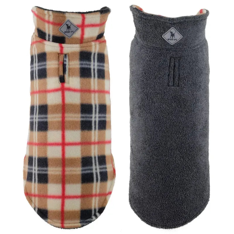 The Worthy Dog Jackets-Coats Tan Plaid Fargo Fleece Reversible Pet Jacket