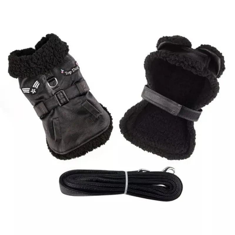 Doggie Design, Inc. Jackets-Coats Black Top Dog Vintage Flight Dog Jacket with matching Leash