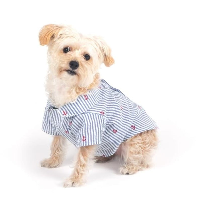 The Worthy Dog CollardShirts Navy Stripe Blue & White with Red Anchors Collared Dog Shirt