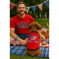 Parisian Pet Tee's Peace, Love, Woof Flag Heart Red White Blue Dog Tee