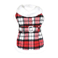 Sherpa Lined Stylish Red & White Plaid with Matching Leash Dog Harness Coat