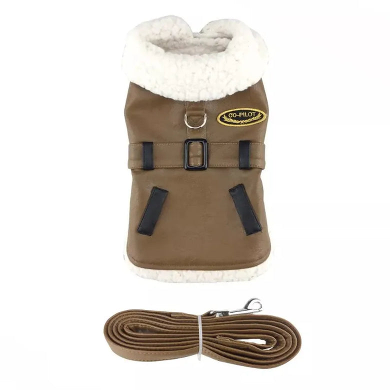 Doggie Design, Inc. Jackets-Coats XS Brown Bomber Harness Dog Coat with matching Leash