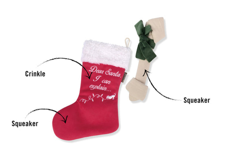 Merry Woofmas Good Dog Stocking Christmas Holiday Plush Dog Toy Set - 2Pc