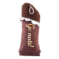 Brown dog toy with a textured top and 'Go nuts!' text on a white background