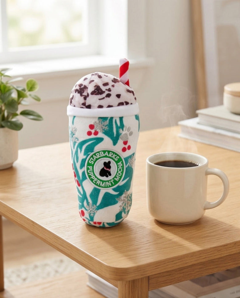 Starbarks Puppermint Mocha Holly Print Cup Christmas Holiday Plush Squeaky Dog Toy