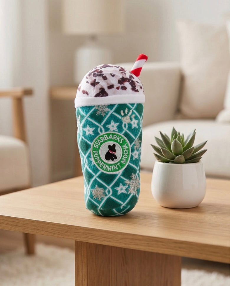 Starbarks Puppermint Mocha Green Stars Cup Christmas Holiday Plush Squeaky Dog Toy