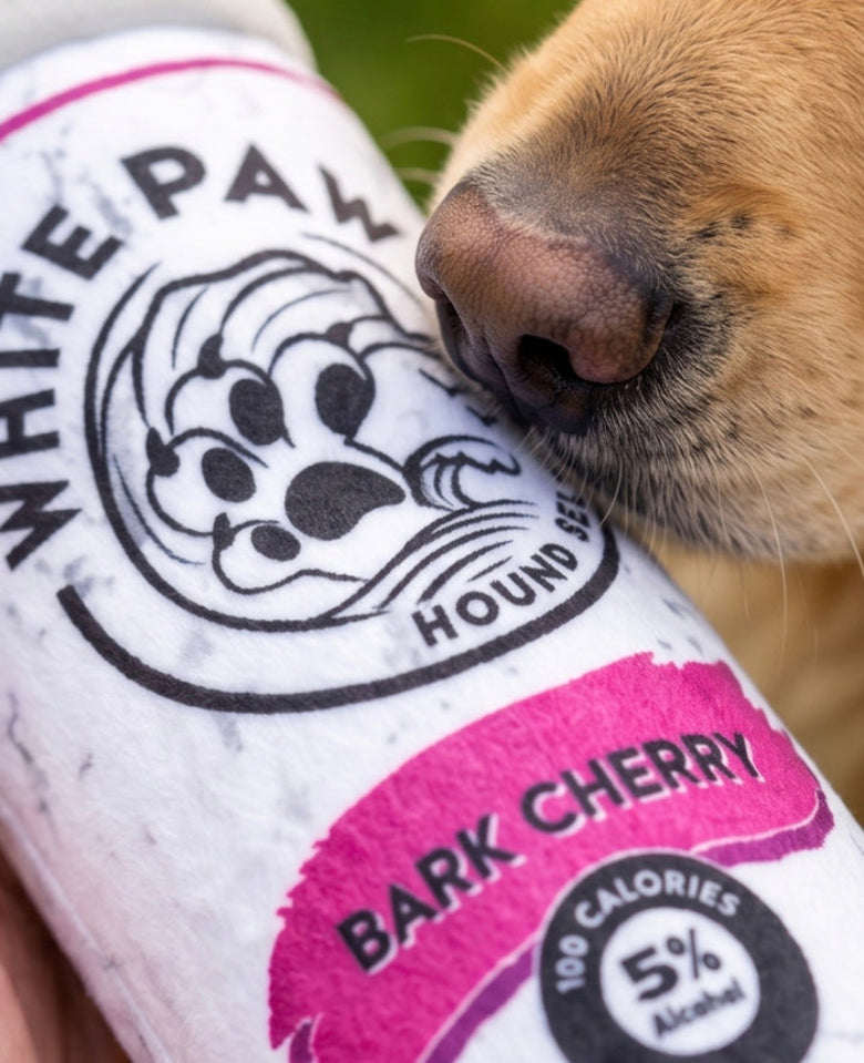 White Paw Bark Cherry Plush Squeaky Dog Toy