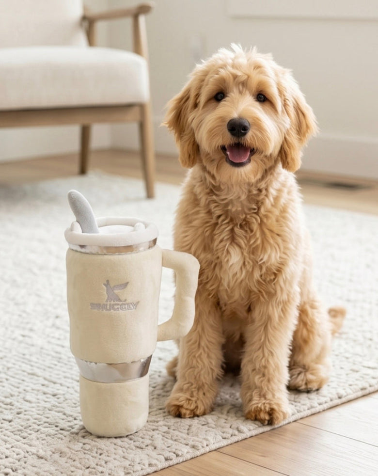 Snuggly Cup Embroidered Plush Squeaky Dog Toy - 3 Colors: Blush, Teal, Ivory