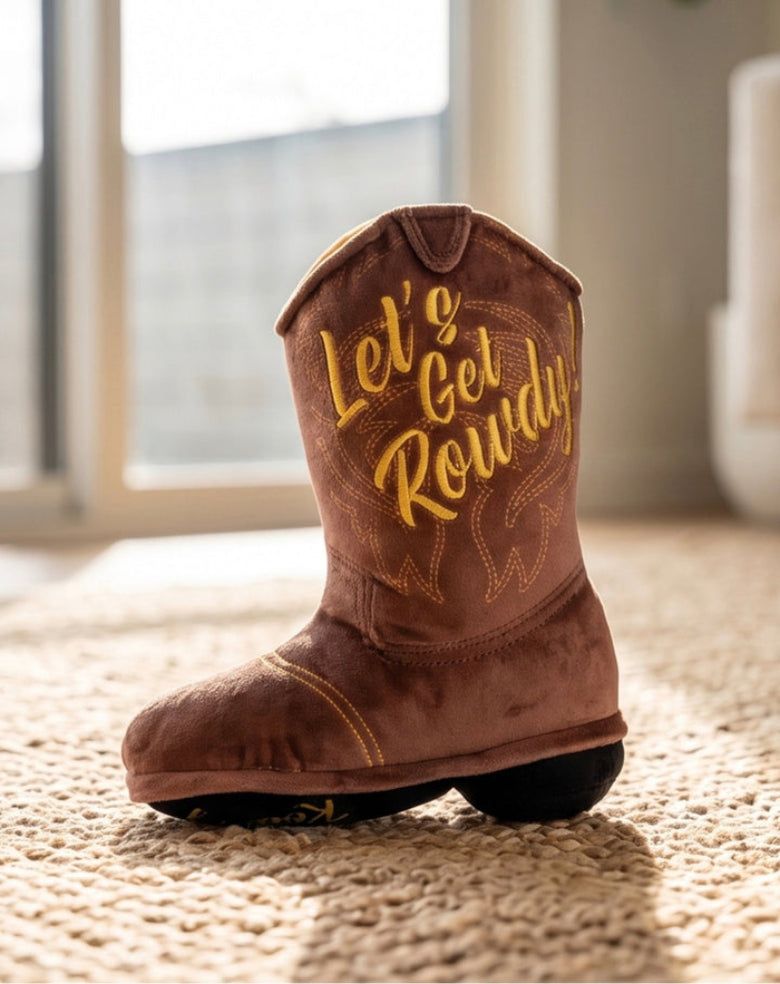 Brown Cowboy Boot "Let's Get Rowdy" Western Plush Squeaky Dog Toy