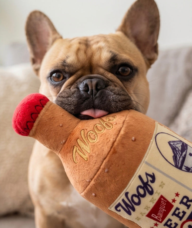 Woofs Beer Bottle Plush Squeaky Dog Toy