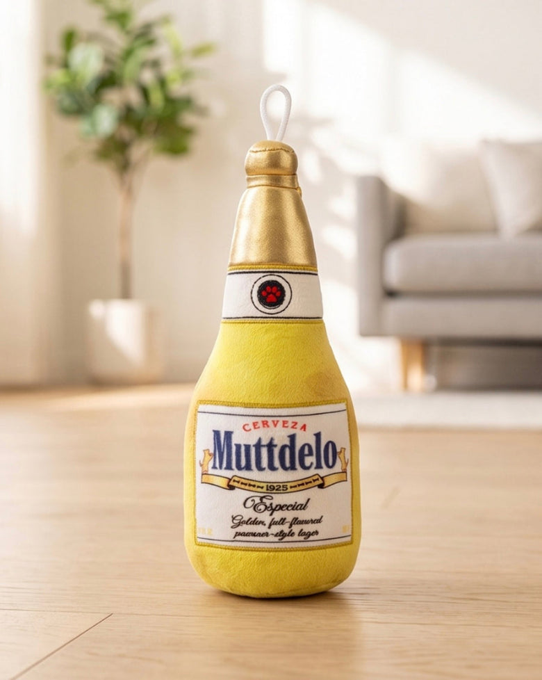 Muttdelo Beer Bottle Yellow Plush Squeaky Dog Toy
