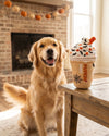 A golden retriever dog sits on a rug in front of a brick fireplace, looking toward a table where a Pumpkin Spice iced coffee cup topped with whipped cream, candy corn, and black spiderwebs dog toy is placed.