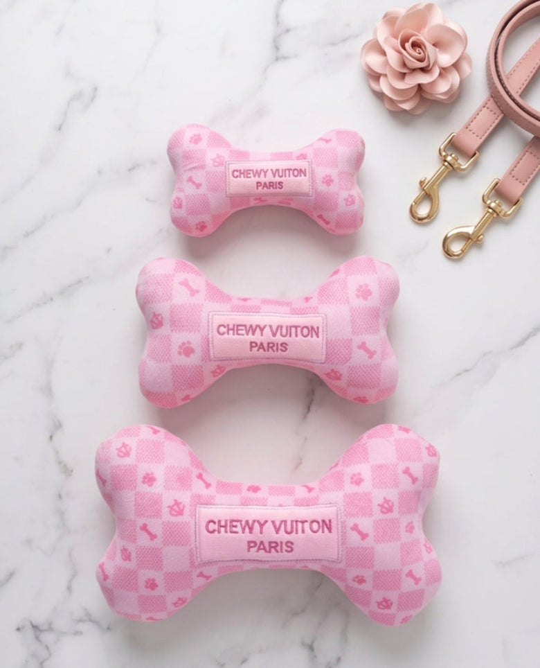 Pink Checker Chewy Bone Plush Squeaky Dog Toy - 3 Sizes