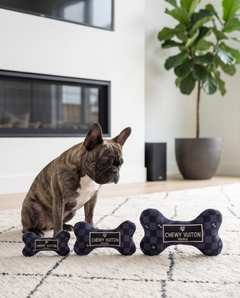 Black Checker Chewy Bone Plush Squeaky Dog Toy - 3 Sizes