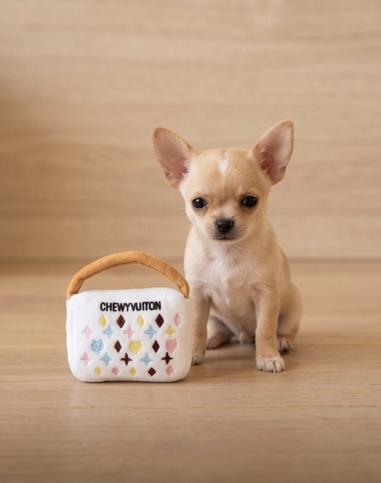 White Chewy Handbag Plush Squeaky Dog Toy - 3 Sizes