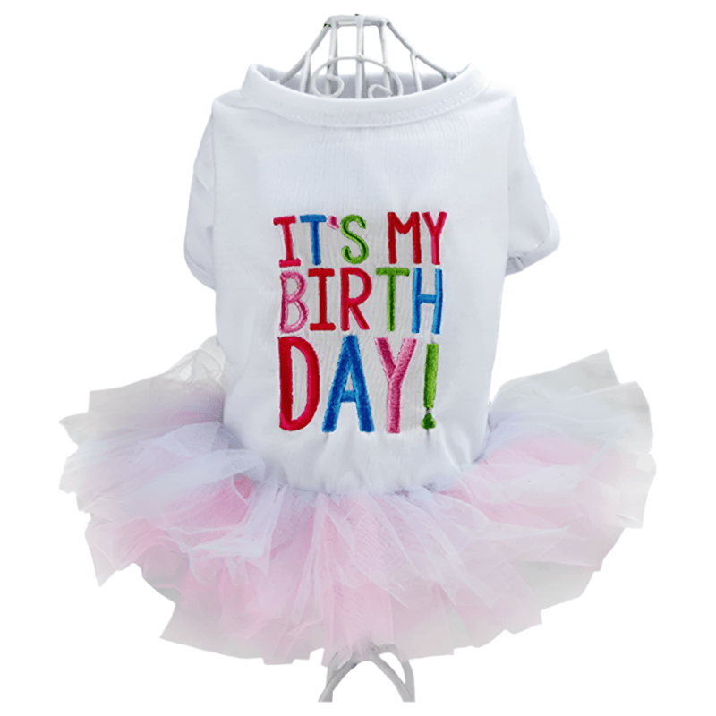 AE-FHGS Dog Apparel XS "It's My Birthday" Embroidered White Tutu Dog Dress
