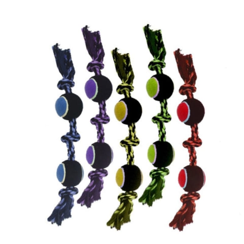 Multipet dog toys Red Nuts for Knots 3-Knot Rope w/2 Tennis Balls Dog Toy - 2 Colors
