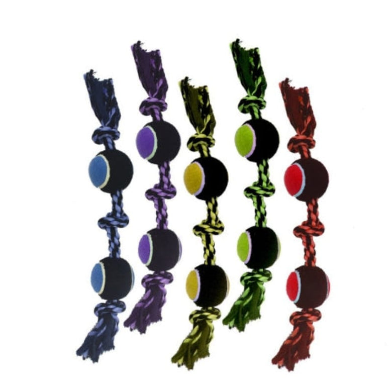 Multipet dog toys Red Nuts for Knots 3-Knot Rope w/2 Tennis Balls Dog Toy - 2 Colors