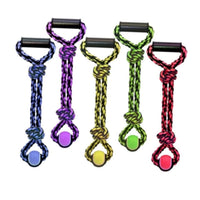 Multipet dog toys Red Nuts for Knots (2 Knots) Tennis Ball with Tug Handle Rope Dog Toy - 4 Colors