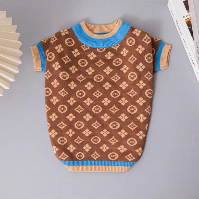 AE-DPSS SWEATERS XS Luxury Pet Sweater - Brown & Tan Patterned with Teal Trim