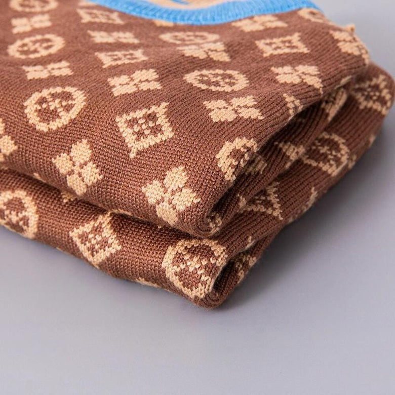 AE-DPSS SWEATERS Luxury Pet Sweater - Brown & Tan Patterned with Teal Trim