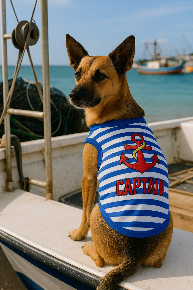 Captain Blue Striped Embroidered Red Anchor Summer Beach Dog Tee