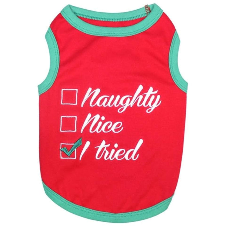 Parisian Pet Tee's XXS Naughty Nice I Tried Christmas Holiday Red Embroidered Dog T-Shirt