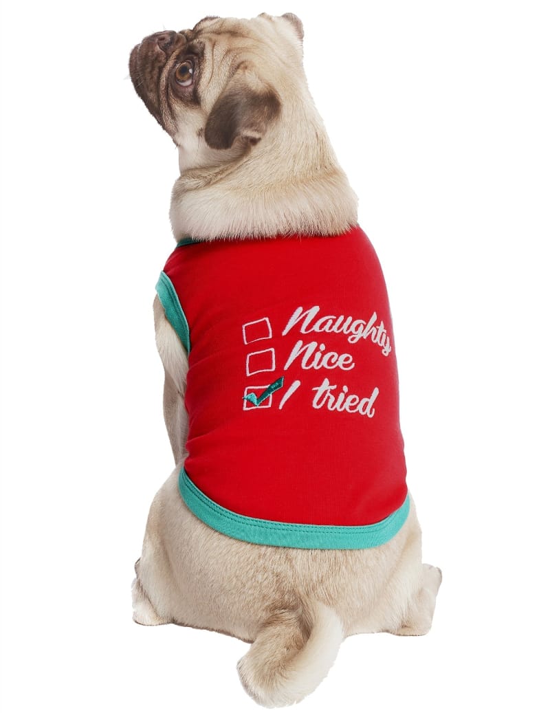 Parisian Pet Tee's Naughty Nice I Tried Christmas Holiday Red Embroidered Dog T-Shirt