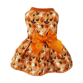 AE-CATSANDDOGSLIFESTORE dog apparel S Orange Halloween Print w Bow Pet Dress