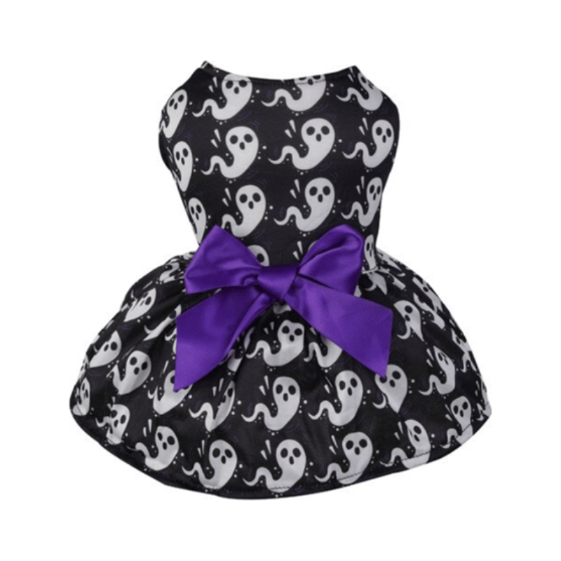 AE-CATSANDDOGSLIFESTORE dog apparel S Ghost Print w Purple Bow Pet Dress