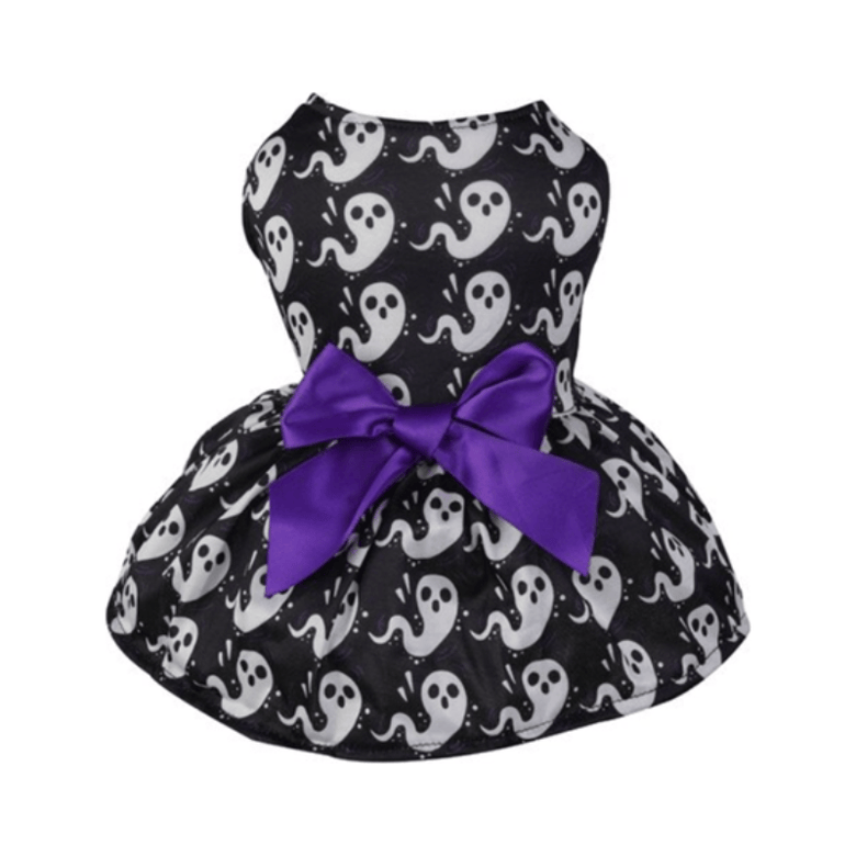 AE-CATSANDDOGSLIFESTORE dog apparel S Ghost Print w Purple Bow Pet Dress