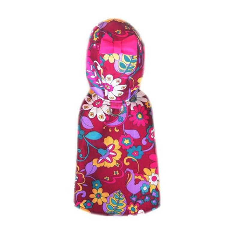 Pooch Outfitters Jackets 2XS Lydia Burgundy Retro Flowers with Pink Bow Hooded Pet Raincoat