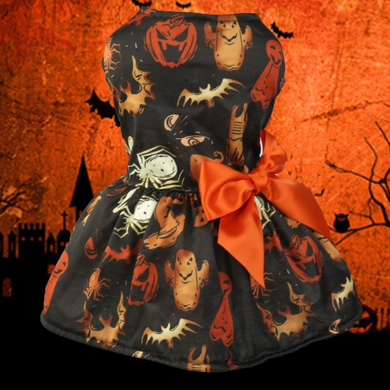 AE-CATSANDDOGSLIFESTORE dog apparel Halloween Print w Orange Bow Pet Dress