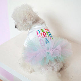 AE-FHGS Dog Apparel "It's My Birthday" Embroidered White Tutu Dog Dress