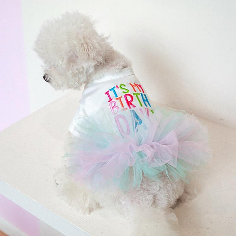 AE-FHGS Dog Apparel "It's My Birthday" Embroidered White Tutu Dog Dress