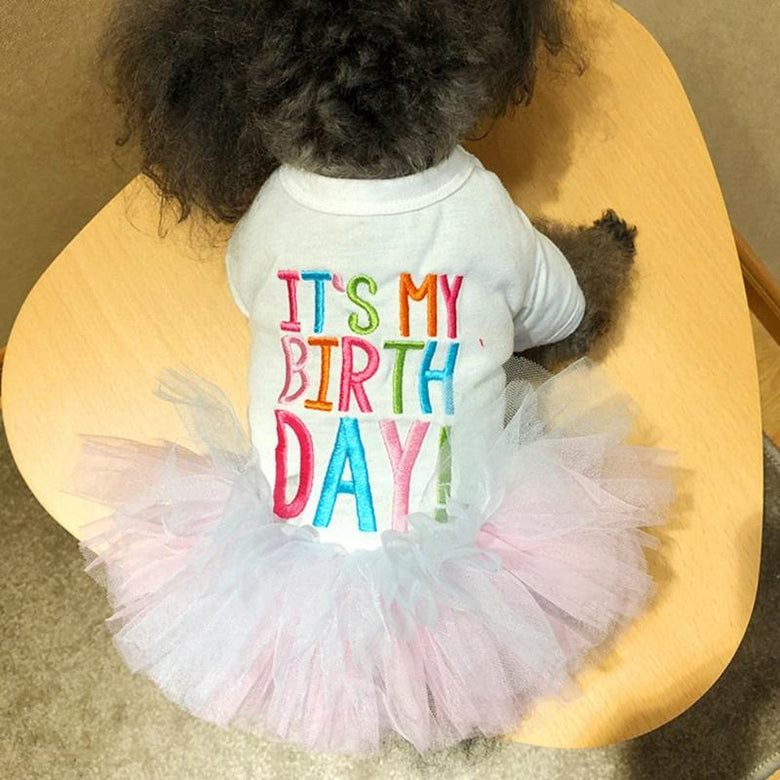 AE-FHGS Dog Apparel "It's My Birthday" Embroidered White Tutu Dog Dress