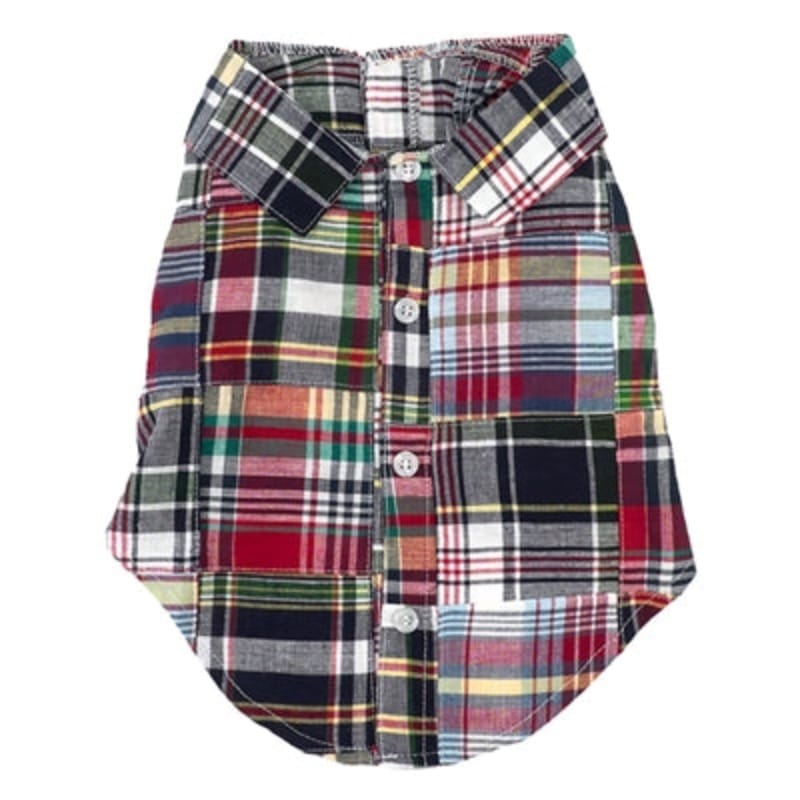 The Worthy Dog Collared Shirts LG Navy Multi Patch Madras Collared Dog Shirt