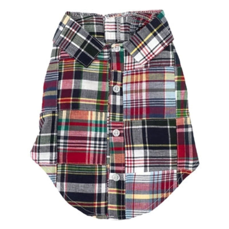 The Worthy Dog Collared Shirts LG Navy Multi Patch Madras Collared Dog Shirt