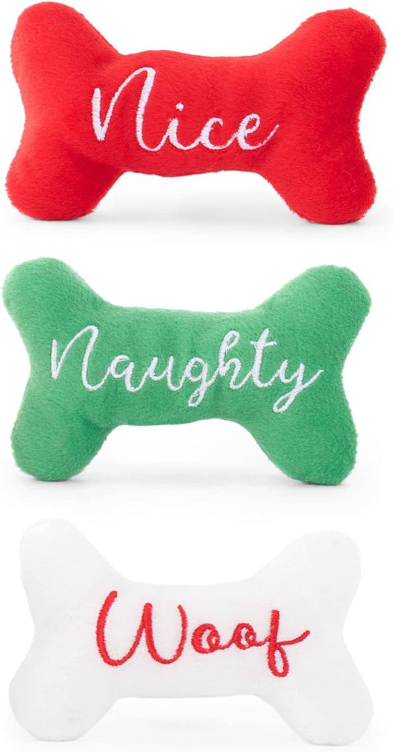 Holiday Miniz Naughty & Nice Bones Plush Squeaky Christmas Dog Toy Set - 3 Pk