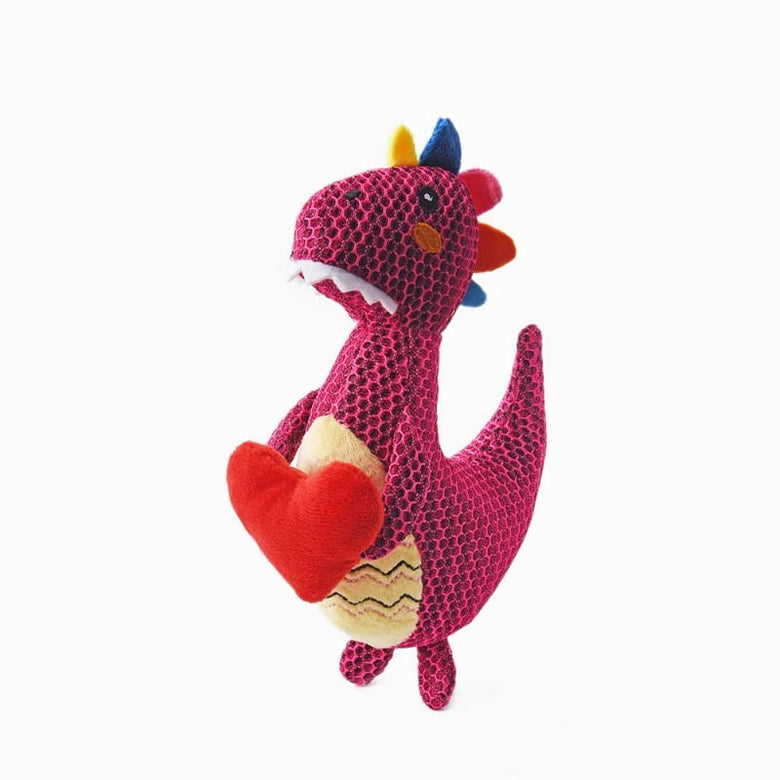 Hugsmart Products Inc dog toys SM Fuzzy Friendz Mesh Dinosaur Heart Rexy Squeak Dog Toy - 2 sizes