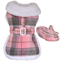 Doggie Design, Inc. Jackets-Coats XS Sherpa Lined Dog Harness Coat - Pink and White Plaid with Matching Leash