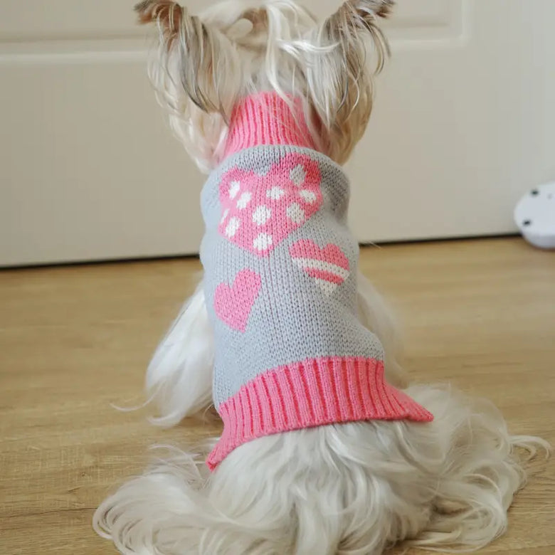 TM - NGS PET SHOP Dog Apparel XXS Adorable Triple Heart Patterned Pink & Grey Turtleneck Dog Sweater